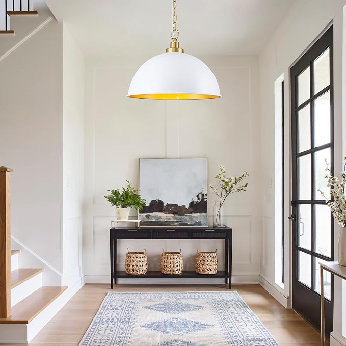 Lingkai Farmhouse Pendant Light Fixtures, 15.7" White and Gold Dome Pendant Lighting Kitchen Island, Adjustable Height Vintage Hanging Ceiling Lights for Kitchen Island Dining Room Foyer Restaurant