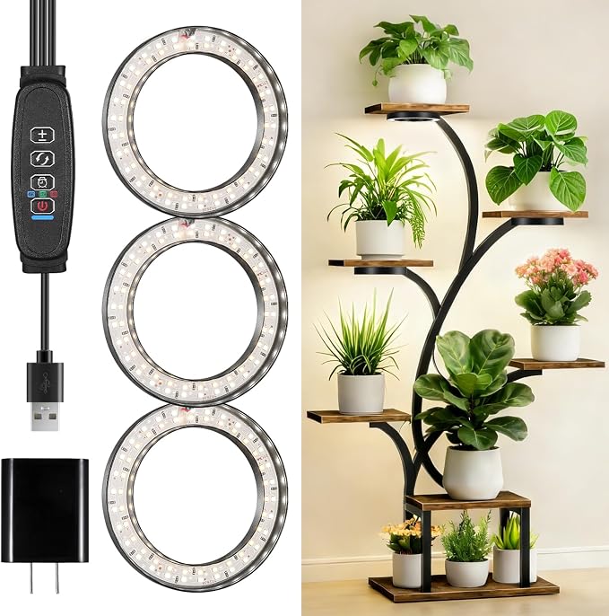 4.72in Black Indoor Plant Grow Lights, Full Spectrum Grow Lamp, 180 LEDs Warm White 3 Head Black Metal Angel Ring for Ceiling Cabinets & Shelf, 6/12/16H Timer, 3 Modes, 10 Levels