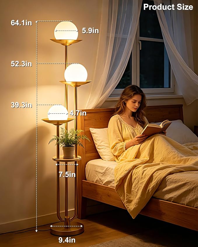 Lightdot Globe Floor Lamp with Table 3-Lights Modern Dimmable Floor Lamps for Wedding/Party, 3000K Warm White Bulbs Included, Gold Tall Standing Lamp for Living Room/Bedroom/Sofa Beside/Corner Decor