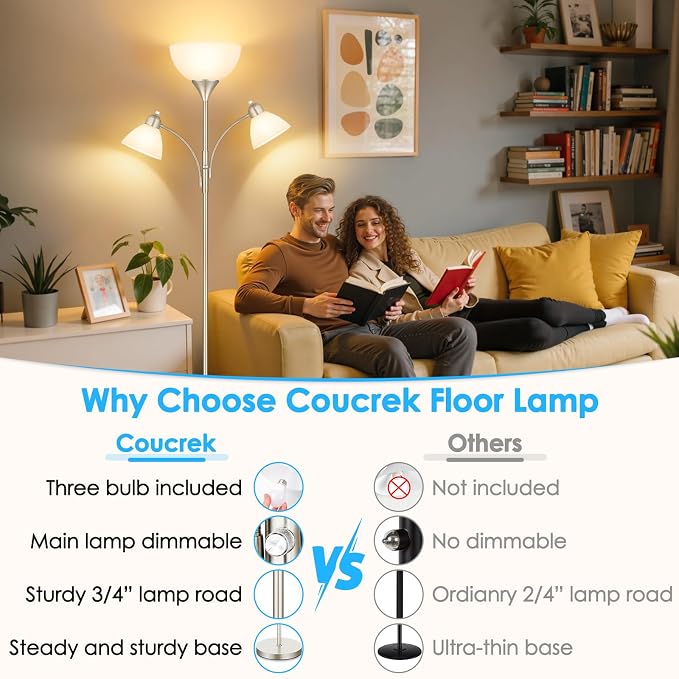 Coucrek Torchiere Floor Lamps for Living Room,72" Dimmable Lamp with 2 Adjustable Reading Lights for Bedroom, Tall Standing Room Lamp, 3 Bulbs Included