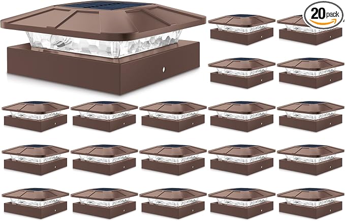 20 Packs 4x4 Brown Solar Post Cap Lights Outdoor with 3 Modes | LED Fence Caps Light Fit 4x4/3.5×3.5 Wood & Vinyl Posts, Waterproof Post Top Lighting for Deck Mailbox Railing Porch Outside