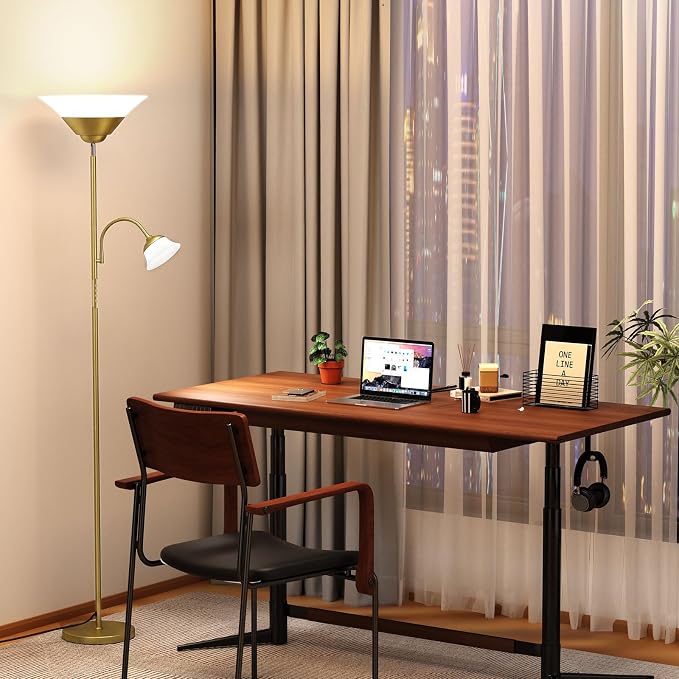2-in-1 Torchiere Floor Lamp, 34W Super Bright LED Standing Lamp with Remote & Touch Control, 72" Dimmable Adjustable Corner Reading Lamp for Living Room, Bedroom, Office, Gold