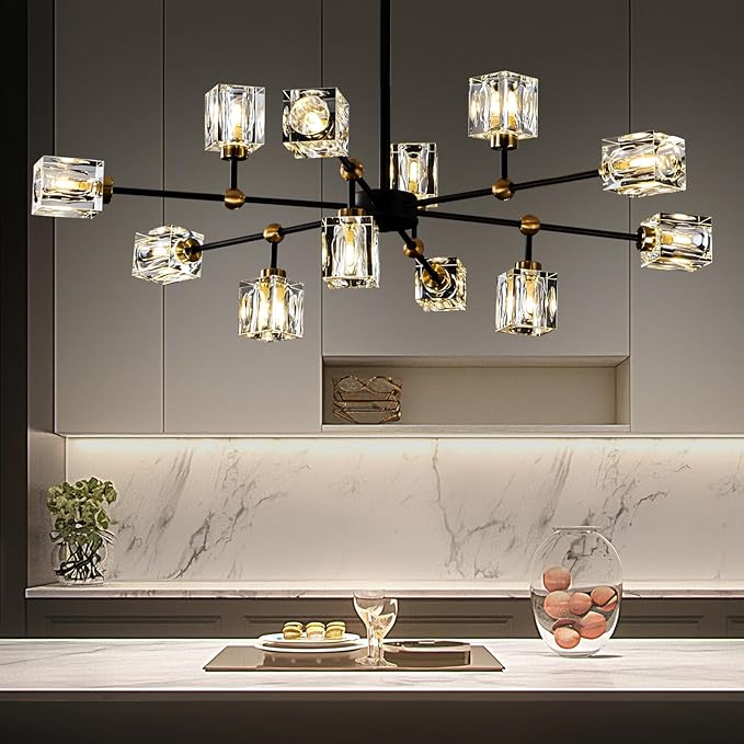 12-Light Black Crystal Chandelier Modern Sputnik Chandeliers for Dining Room Adjustable Height Sputnik Ceiling Light Fixture for Living Room Kitchen Island Bedroom