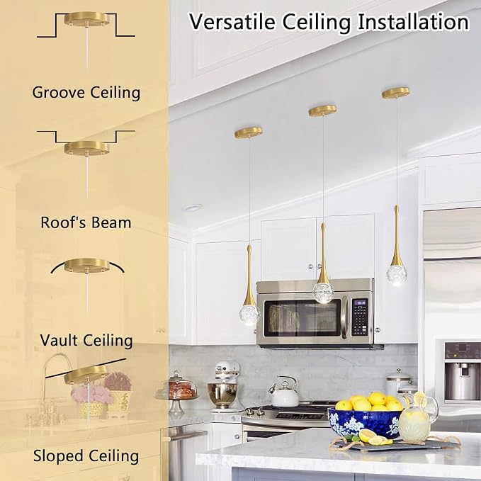 Modern Pendant Lights for Kitchen Island LED Dimmable Crystal Glam Ceiling Pendant Lighting for Dining Room Hallway Bedroom Corner Lamp Antique Gold