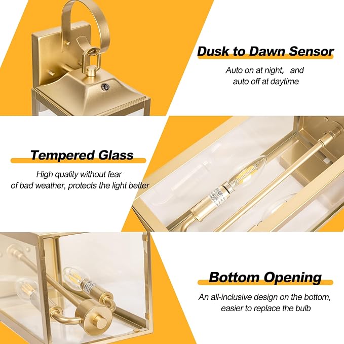 19" Dusk to Dawn Outdoor Wall Lantern 2-Light, Gold Outdoor Wall Lights | Large Waterproof Exterior Lighting Fixtures, Farmhouse Porch Light Modern Outdoor Sconce Light for House Garage Patio, 1-Pack