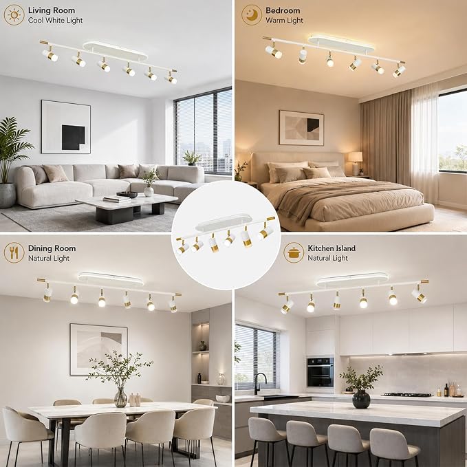 Jaycomey 6-Light LED Track Lighting Fixtures Ceiling, 60W Dimmable Track Light with Remote, 3000K-6500K Adjustable Ceiling Spotlights, 51in White Gold Ceiling Light Fixture for Kitchen Living Room