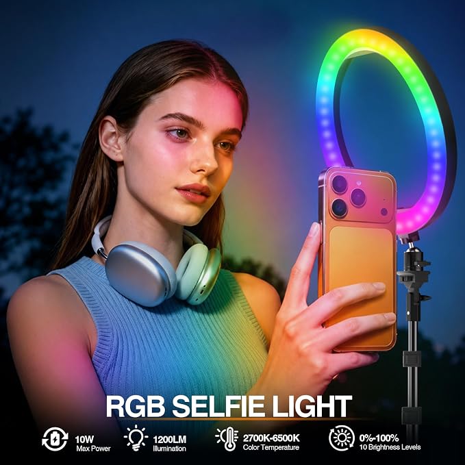 EMART 10'' Ring Light with 51'' Extendable Tripod Stand & Phone Holder | 16 RGB Colors 13 Dynamic Modes & 10 Brightness Levels Selfie Ringlight with Bluetooth Remote for Recording, Streaming, Makeup