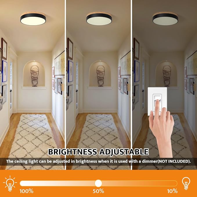 Yiisem Dimmable Wood LED Flush Mount Ceiling Light, Black, 11.8 in | 5CCT 2700K-6000K Modern Close to Ceiling Lighting Fixtures, Round Ceiling Lamp for Bedroom, Kitchen, Hallway, Laundry Room