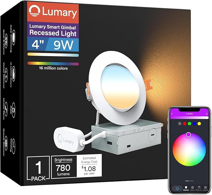 Lumary Smart Gimbal Recessed Lighting 4'', RGBWW WiFi Ceiling Can Light | 355°+20° Adjustable, Support Alexa/Google/APP/Lumary Switch, Canless w/J-Box, Timer & Music Mode, 9W 780LM CRI90, 1PC
