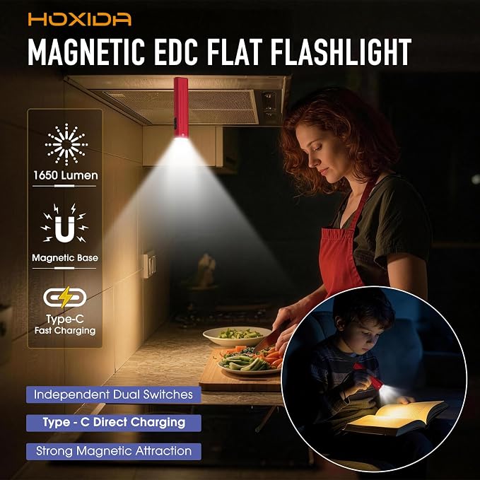2pack Rechargeable EDC Flashlight - Emergency One Click Strobe Mode, 1600 High Lumens Portable Pocket light Mini Flashlight , Magnetic Small EDC Slim Flat Flashlight for Working Camping Repairing Red