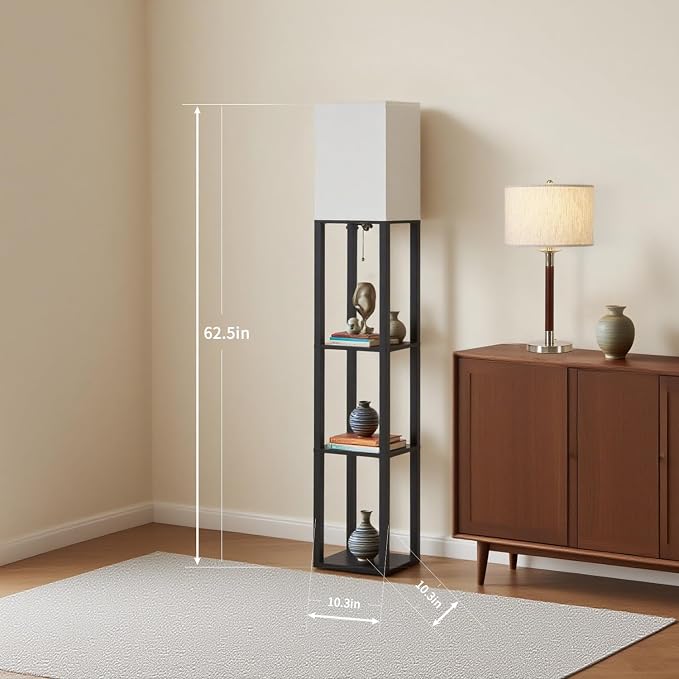 Floor Lamp with Shelves, Modern Square Shelf Lamp for Living Room, Corner Display Standing Lamp, Tall Lamp with White Shade for Bedroom, Office, Home Decor, Black