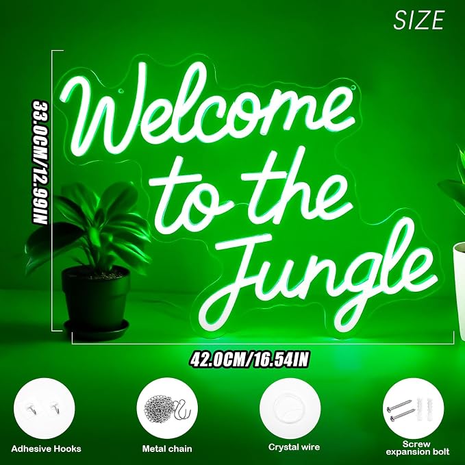 Welcome to the Jungle Neon Sign Green Jungle Decor Dimmable Rainforest Sign | LED Jungle Letter Lights for Rainforest Party,Classroom,Nursery,Home Entryway,Room,Garden Front Porch Decoration, USB Powered