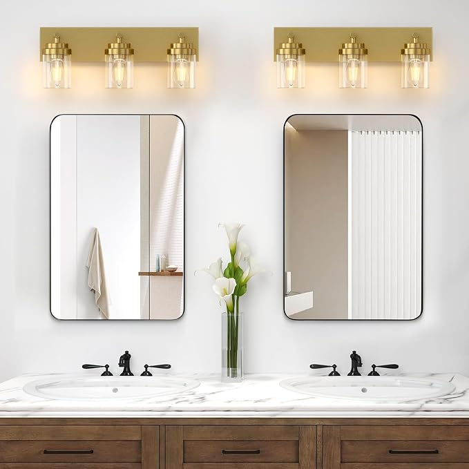 IZORRO Bathroom Vanity Light Fixture, 3-Light 22 Inch Gold Bathroom Light Fixtures Over Mirror, with Clear Glass Shade, Modern Farmhouse Vanity Lights, Rustic Restroom Lighting Fixtures