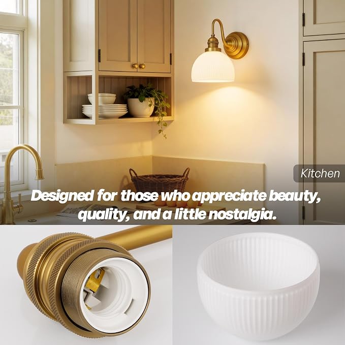 Brass Gold Wall Sconce Vintage Milk Glass Bathroom Vanity Light | Bathroom Wall Sconces,Antique Brass,Thick Half-Round Glass Shade,Hardwired,E26 Base,for Bathroom Mirror Hallway Kitchen
