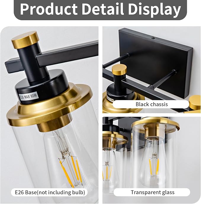 Modern Black & Gold Vanity Lights - 4 Light for Bathroom Over Mirror, Vintage Sconce with Clear Glass Shade