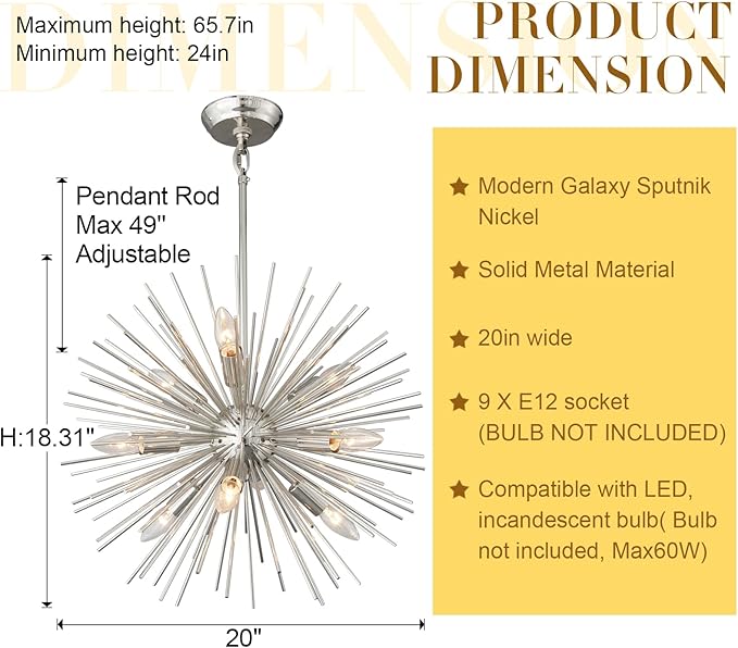 20" Modern Nickel Sputnik Chandelier 9-Lights Mid-Century Modern Starburst Chandelier Vintage Chrome Solid Metal Sputnik Chandeliers for Dining Room, Living Room, Bedroom, Kitchen, E12