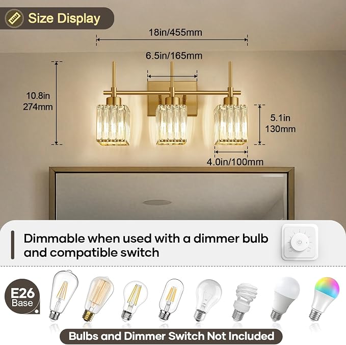 Torondo Modern Crystal Bathroom Vanity Light 3-Light Brushed Gold Bathroom Light Fixtures Over Mirror Brushed Gold Vanity Lighting Fixtures Square Shade Brass Wall Sconce (Bulbs Not Include)