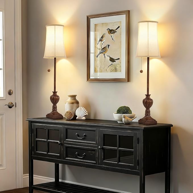Buffet Table Lamps Set of 2 - 28" Tall Skinny Brown Resin Table Lamp for Living Room - Traditional Vintage Farmhouse Buffet Lamp with Pull Chain for Console Table,Dining Sideboard,Entryway,Bedroom