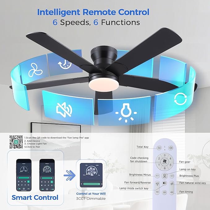 52" Black Ceiling Fans with Lights and Remote - Flush Mount Fan Light with 5 Reversible Blades, 3CCT Dimmable, DC, Low Profile Ceiling Fan for Modern Indoor, Covered Outdoor