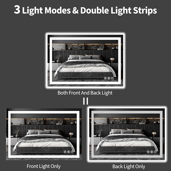 Koonmi 40x28 LED Bathroom Mirror with Light, Anti-Fog, 3 Colors | Backlit + Front Lit, Dimmable Brightness, Shatterproof HD Distortion-Free Tempered Glass, Hardware Included