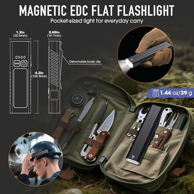 2pack Rechargeable EDC Flashlight - Emergency One Click Strobe Mode, 1600 High Lumens Portable Pocket light Mini Flashlight , Magnetic Small EDC Slim Flat Flashlight for Working Camping Repairing