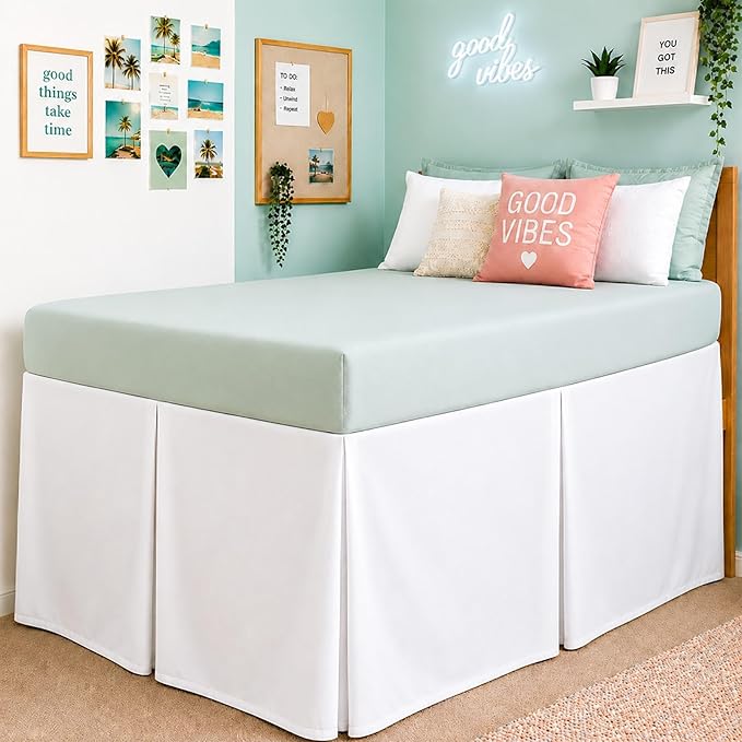 Cottington Lane Tailored Box Pleated College Dorm Bed Skirt Twin XL, Hotel Quality Premium Brushed Microfiber Extra Long Bedskirt Twin XL 32 Inch Drop, White Dorm Bedding