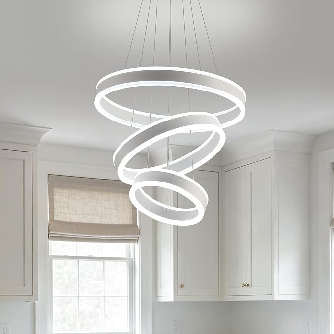 O'NEELDY Modern LED Chandeliers Adjustable Hanging White Pendant Light Fixture 3 Ring Flush Mount Chandeliers for Bedroom,Kitchen,Island Cafe