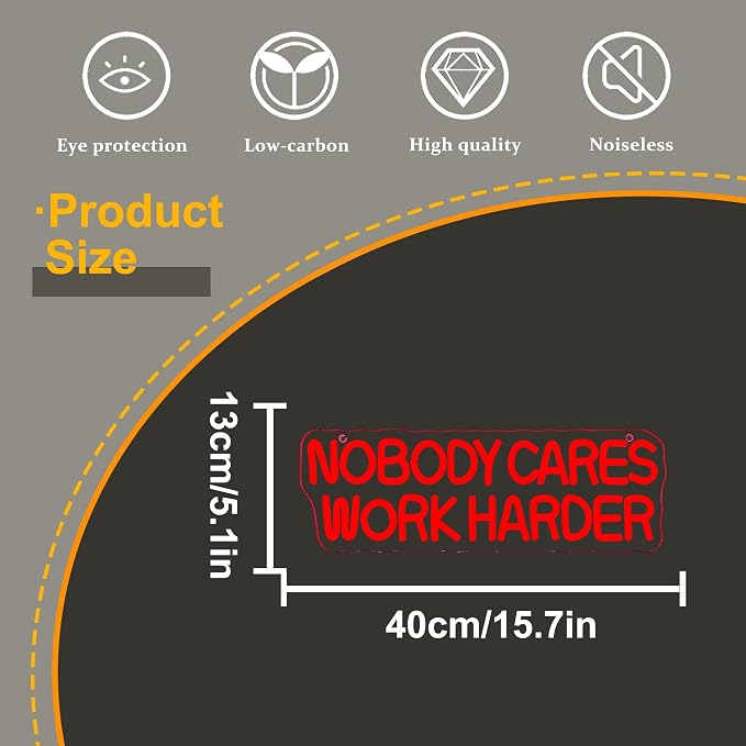 Allball Nobody Cares Work Harder Neon Sign, Motivational Neon Light USB Powered Lnspirational LED Neon Light Wall Art, for Office Study Room Or Gym Teen Bedroom Modern Decor(15.7 * 5.1 In)