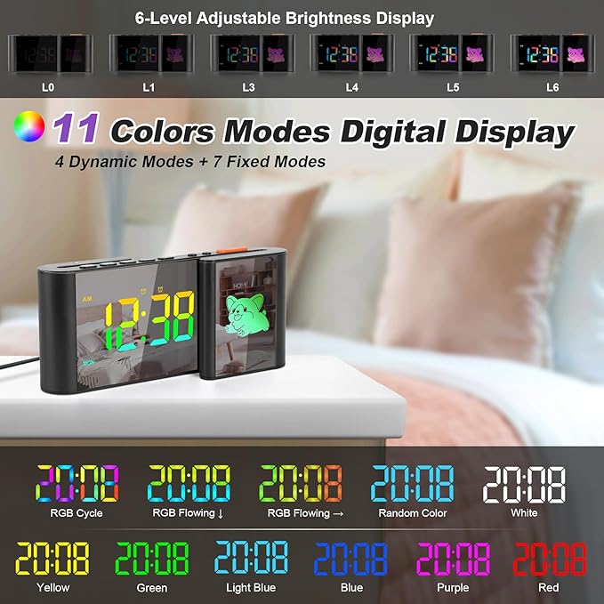 Alarm Clock,Alarm Clocks Bedside with Cute Cartoon,7.2''Large Mirror Clock,11 Colors Digital,10 Color RGB Cartoon,Week Display,Auto Dimming,Dual Alarms,USB Port,5 Levels Volume for Bedroom Table Decor