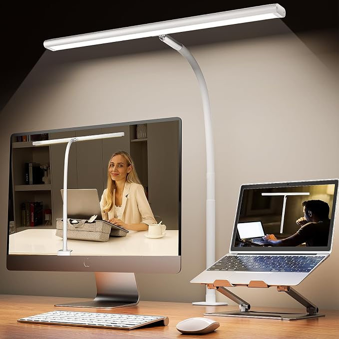 Airlonv LED Desk Lamp for Office Home, Eye-Caring Desk Light with Stepless Dimming Adjustable Flexible Gooseneck, 10W USB Adapter Desk Lamp with Clamp for Reading, Study, Workbench