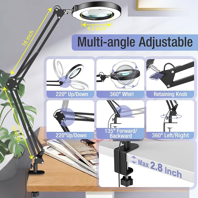 10X Magnifying Glass with Light and Clamp, Real Glass Stand Lighted Magnifier, 2*16 Arm 5 Color Modes Stepless Dimmable LED Desk Lamp Hands Free for Craft Hobby Reading Painting Close Work Large Black