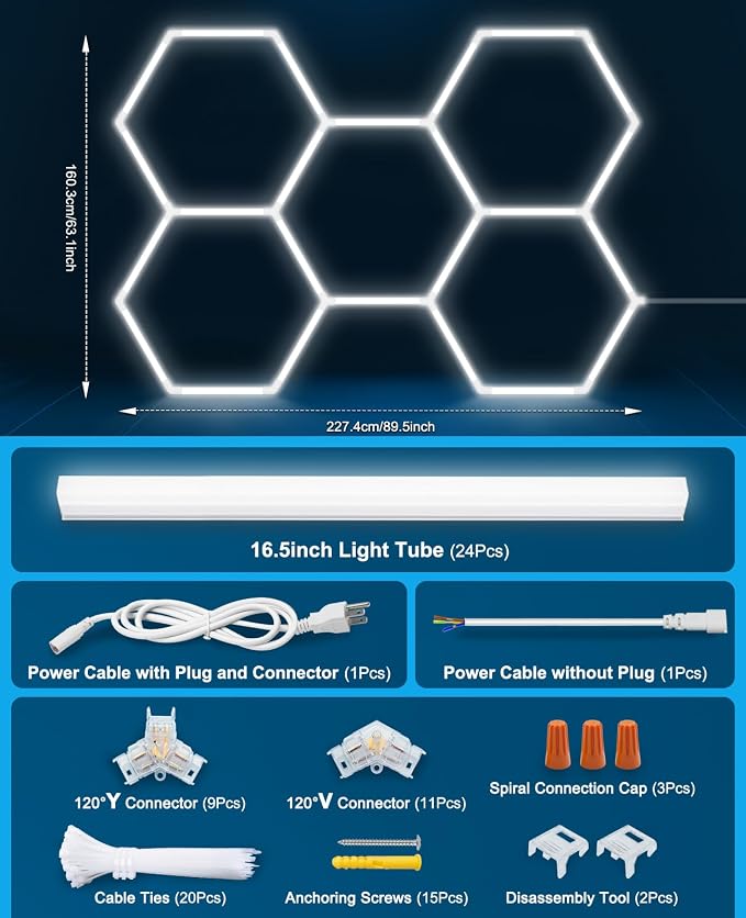 Hexagon Garage Lights: Hexagon led Gym Lights 26520LM DIY LED Shop Light | Car Detailing Ceiling Light for Basement Warehouse Workshop Barbershop Car Care Wash Room Auto Beauty 6500K