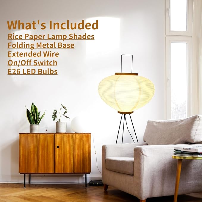 Rice Paper Floor Lamp, Japanese Paper Lantern for Wabi Sabi Decor | Noguchi Style Paper Lamp, Handcrafted Paper Lampshade, Metal Tripod Stand, E26 Base