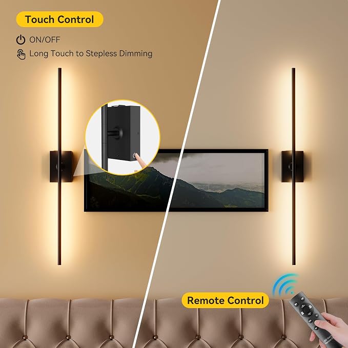 Battery Operated Wall Sconces Set of 2, 10000mAh Wireless Rechargeable 3000-6000K Dimmable 350° Rotate Wall Light with Remote for Living Room, Bedroom 23.6in Black