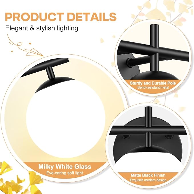 MOKATNG 3-Light Bathroom Light Fixtures with Milky White Glass, Matte Black | 19.3 inch Vanity Lights for Bathroom, Bathroom Lighting Over Mirror, Wall Sconce, Fits E12 bulbs(Bulb Not Included)