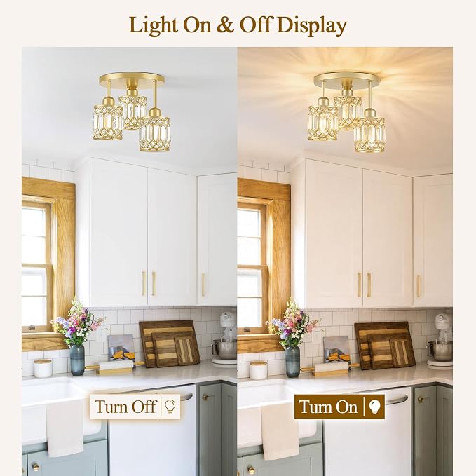 Gold Crystal Ceiling Light Fixture, 3-Light, E26 | Modern Semi Flush Mount Ceiling Light, Kitchen Lighting Fixtures Ceiling for Hallway Bedroom Bathroom Laundry Room