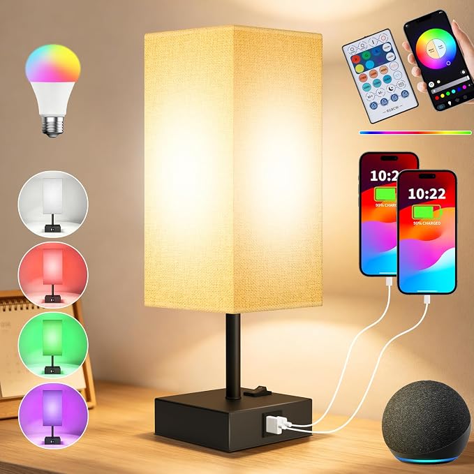 Smart RGB Dimmable Table Lamp Work with Alexa&APP&Remote Control, Gray | Bedside Desk Lamp with Charging Ports&Phone Stand, Music Sync Nightstand Lamp for Bedroom Living Room Office Dorm, 1Pack