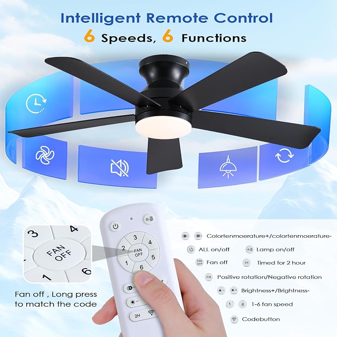 46 inch Ceiling Fans with Lights, Black Flush Mount Ceiling Fan with Remote, 3CCT, LED Dimmable, Reversible, 6 Fan Speeds, Quite Low Profile Ceiling Fan with Lights Modern Bedroom Kitchen Indoor