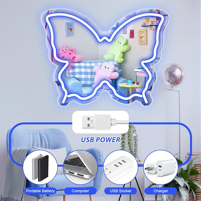 Butterfly Neon Sign Mirror, Neon Sign for Wall Decor, LED Butterfly Light with Dimmable Brightness, 15.7" x 12" Mirror Neon Sign for Girls Room, Teen Bedroom Decor, Birthday Party Gift, USB Powered Blue