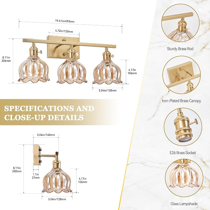3-Light Amber Tulip Glass Vanity Light, Brushed Gold Vintage Bathroom Wall Sconce, 19.4" Antique Brass Hardwired Wall Lamp for Mirror, Powder Room, Bedroom (Individual Switches, Bulbs Not Included)