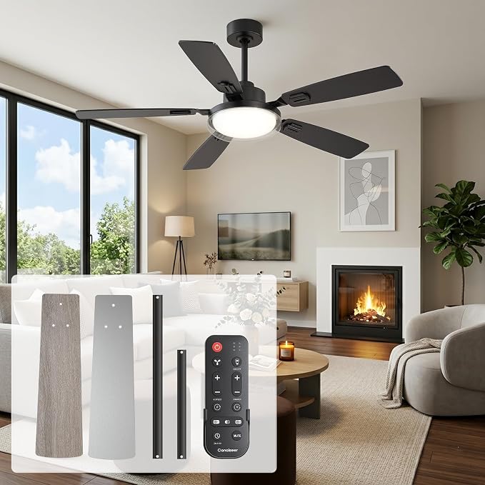 52 Inch Ceiling Fans with Lights and Remote, Bedroom Living Room Kitchen Office, 5CCT Dimmable,Dual Color 5 Blades, 6 Speed Reversible Quiet DC Motor, Double-Layer Lampshade, Black/Wood Grain