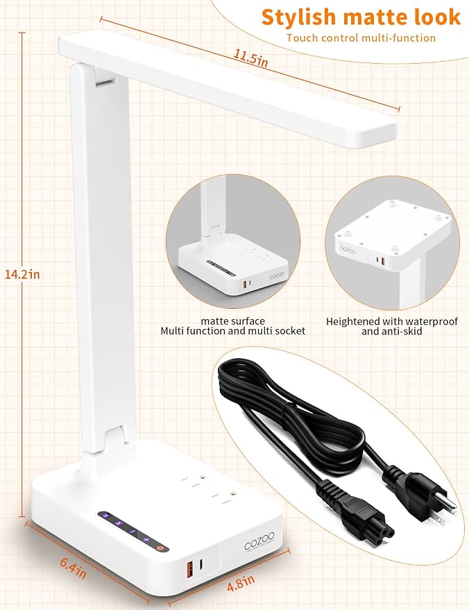 LED Desk Lamp for Dorm Office, USB-C & 2 AC Outlets Charging, White | LED Desk Lamps for Home Office with 2 USB Charging Ports(1 USB-C), 2 AC Outlets, Foldable Small Desk Lamp for Study Reading