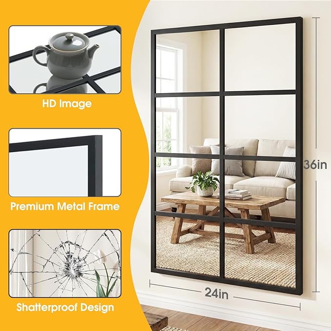 NEWBULIG Wall Mirror, 36" x 24" Window Decorative Mirrors, Metal Framed Wall Decor Wall-Mounted Mirrors for Bedroom, Living Room, Entryway, Black