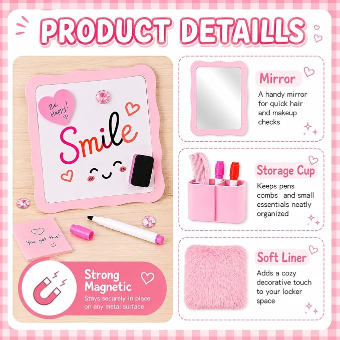20 PCS Pink Locker Accessories Kit Back to School for Girls | Locker Decorations with Magnetic Mirror Dry Erase Whiteboard Pen Holder Rug String Lights Markers Magnets Hooks and Stickers