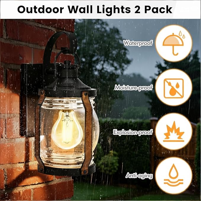 Outdoor Wall Lantern Lights, Black Exterior Wall Sconce Garage Light Fixtures, Farmhouse Outdoor House Lights Wall Mount, Decorative Front Porch Light Waterproof with Barnwood Accents & Glass, 2 Pack