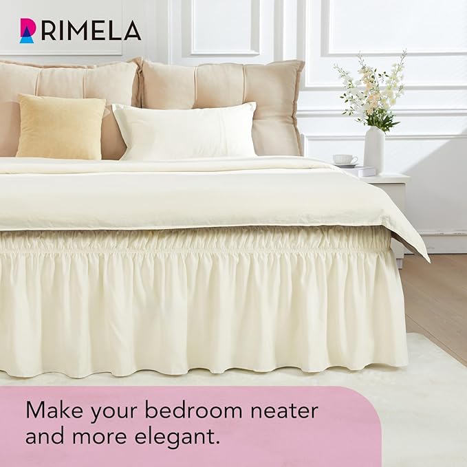 RIMELA Ivory Bed Skirt King Size 18 Inch Drop, Elastic Bed Skirting for Bed Base and Frame, Bedding Dust Ruffle Easy to Install, Lightweight Wrap Around Adjustable Bedskirt