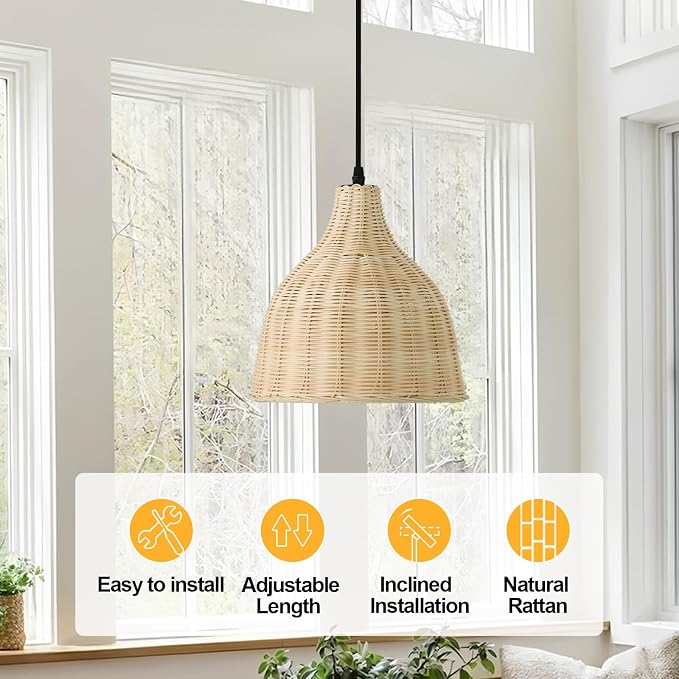 Hard Wired Rattan Pendant Lights Set of 2,Boho Wicker Chandelier with 9.84” Dome Shade, Basket Hand Woven Hanging Lamp for Coastal Kitchen Island Dining Room Living Room Bar Foyer Hallway