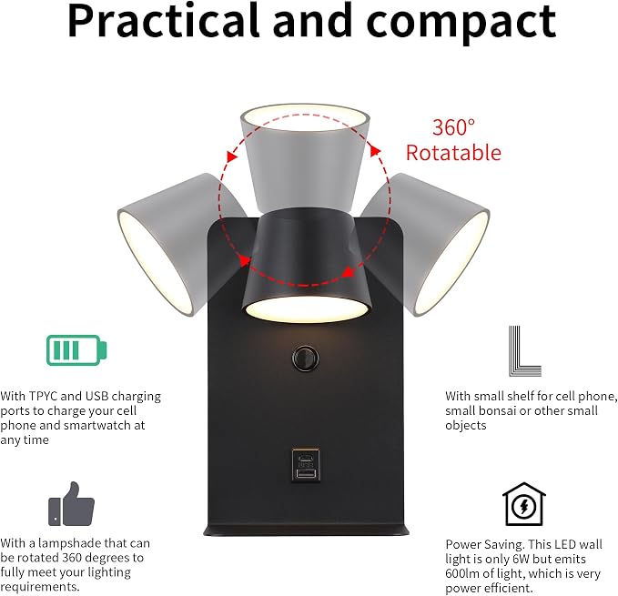 DEC LUCE DECOLUCE LIGHTING Modern LED Plug in Wall Sconce, Dimmable Wireless Wall Light Fixtures with Shelf and USB Port, 6W,600LM, Rotatable Small Reading Wall Lamp for Bedroom Bedside, Black