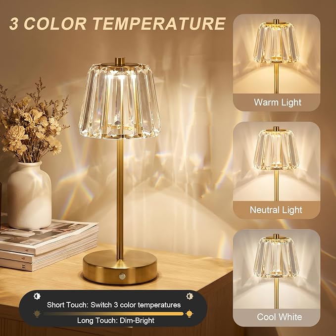 13" Small Crystal Cordless Table Lamp, Touch Rechargeable Desk Lamps | 3 Color Temps, Stepless Dimming, Gold Portable Battery Operated LED Table Lamp for Bedside, Nightstand, Kitchen, Patio, Decor