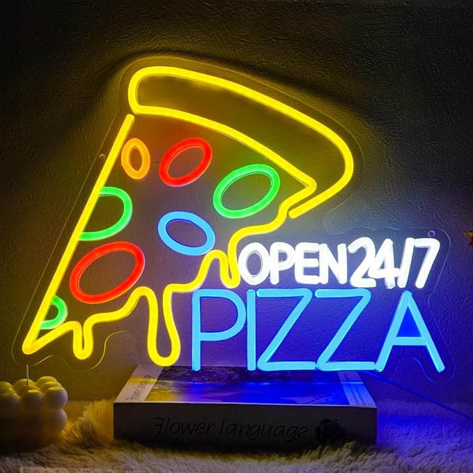 Pizza Open 24/7 Neon Sign Dimmable Food Neon Light Sign for Wall Decor Snacks Led Signs for Business Pizzeria Kitchen Restaurant Fast Food Store Dinning Room Bar Party Decor 16.5" x 12.6"
